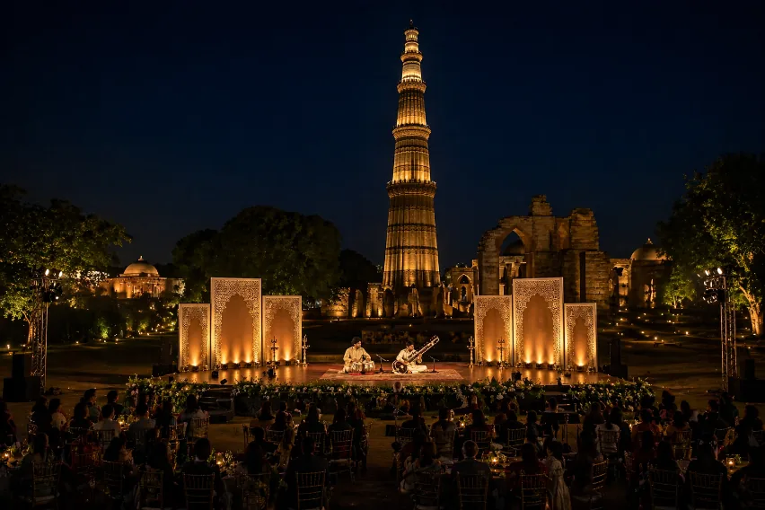 An illuminated stage and reflecting water at a monument, with an audience seated for an evening performance